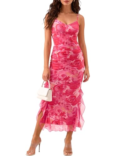 DRESSTELLS Formal Floral Wedding Guest Dresses for Women 2026 Long Cocktail Party Summer Spaghetti Strap Mesh Ruched Maxi Slit Dress White Pink Flower L