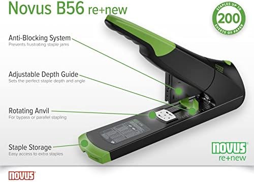 Novus B 56 re+New Sustainable Block Stapler (Staple Capacity 200 Sheets, Variable Insertion Depth up to 75 mm, Full Metal Device with Plastic Coating Made from 82% Recycled Plastic), Black, Green