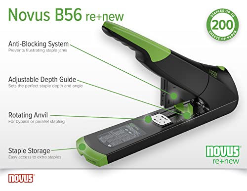 Novus B 56 re+new nachhaltiges Blockheftgerät (Heftleistung 200 Blatt, variabler Einlegetiefe bis 75 mm, Vollmetallgerät mit Kunststoffummantelung aus 82% recyceltem Kunststoff) schwarz grün