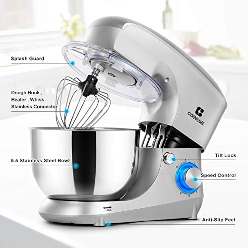 3-in-1 Stand Mixer Mixers For Baking 5.5L Stainless Bowl Food Mixers 6 Speed Settings 1400 W Powerful Motor Lower Noise With Dough Hook, Whisk ,Beater , Splash Guard Silver