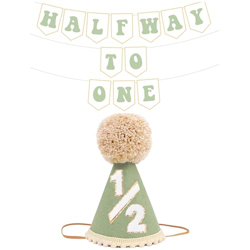 Image of Half Way To One Decorations for Boy Girls, 1/2 Birthday Hat And Pre-strung Half Birthday Banner For Six Months Ha-lf Year BD Decorations