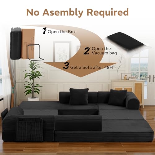 Image of 141.73'' U-Shaped Sectional Sofa Bed, 6-in-1 Modular Corduroy Couch with Soft Cloud-Like Feel, Removable Storage Bag, Anti-Pilling Fabric, Tool-Free Assembly, for Living Room, Black