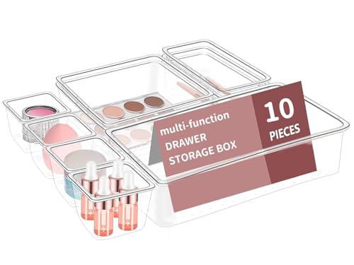 Ksvaye XL Organizadores de Cajones, 10 Piezas Organizador de Maquillaje Cajones de Transparente, 4 Tamaños Bandejas de Almacenaje para Maquillaje, Baño, Oficina, Cocina y Artículos pequeños del hogar
