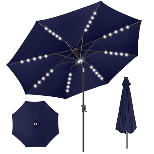 AckMizz 11FT Solar Umbrella Outdoor - Lighted Solar Patio Umbrella with 40 LED Lights Waterproof UV Protection Table Umbrella with Tilt for Pool Porch Garden Deck Backyard - Navy Blue