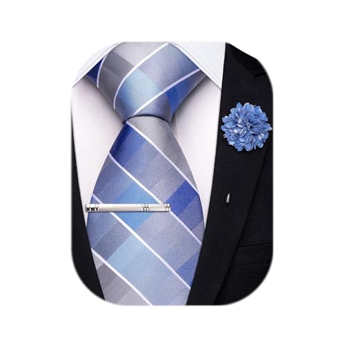 Hi-Tie Mens Sky Blue Gray 63 inch Checkered XL Tie Extra Long Necktie with Lapel Pin Tie Clip Big and Tall Men Formal Wedding