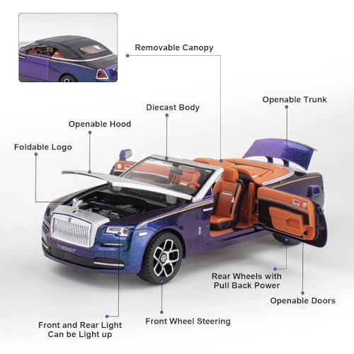 Image of Metal Pull Back Diecast Car 1:24 Big Rolls Royce Dawn Pull Back Car Model With Sound Light Boys Gifts Toys For Kids?Pack Of 1?, Multicolor