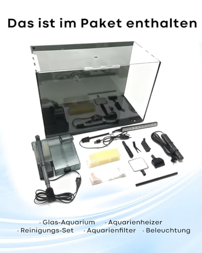 Image of Aquarium Desktop Set, 10.1 Gallon, Small Fish Tank, Ultra Clear Glass with Self-Cleaning Filter, Bright Light, Heating, Stones, Gravel, Cleaning Tool, Rimless Fish Bowl for Beginners, Starter Kit