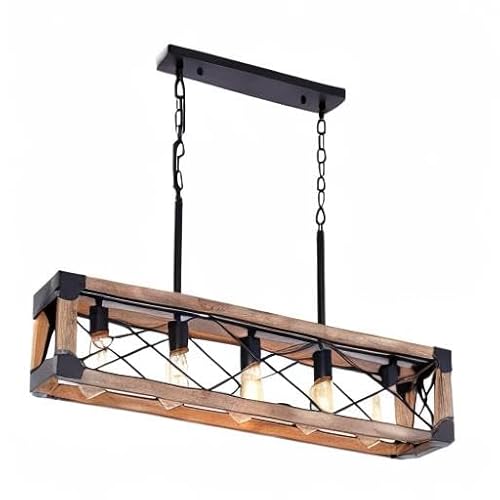 Airposta Kitchen Island Lighting, 33.5-Inch 5 Lights Farmhouse Linear Chandelier For Dining Room Pool Table Pendant Light Fixture, Rustic Wood Grain Finish thumb #9