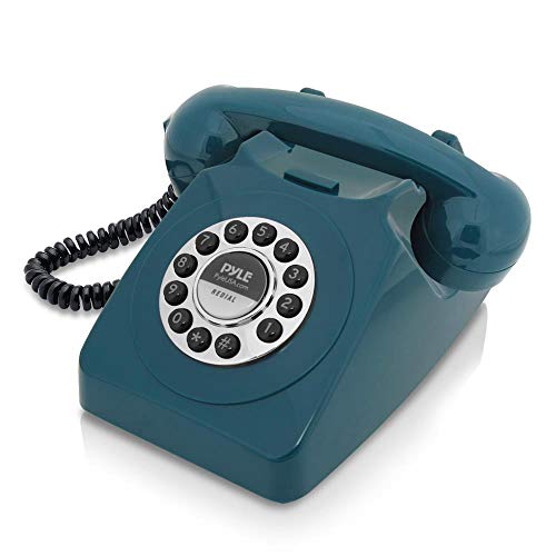 Retro Design Corded Landline Phone - Classic Vintage Old Fashioned Rotary Dial Style Desk Table Home Office Coiled Cord Handset w/ Button Dialing, Standard Telephone Jack - Pyle PPRETRO25BL (Blue)