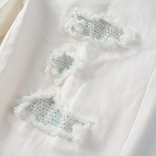 Jeans Pants Trousers Denim Men Stretch Slim Fit Street Trendy White Piercing Worn Hole Zircon Sparkle Hairy Edge Tassel Personalized Casual Small Foot(White,32)4