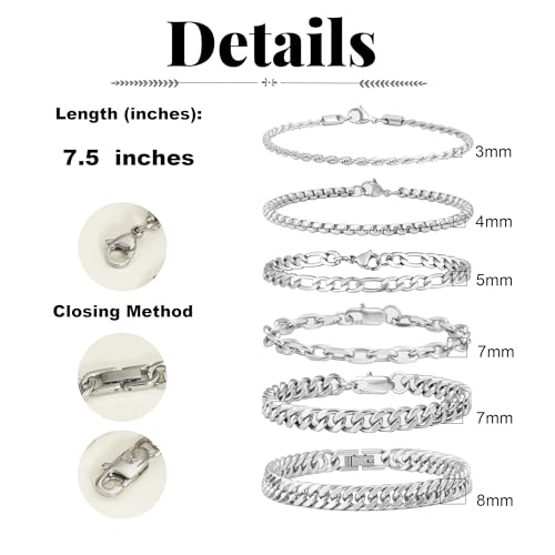XIANNVXI 6 Pcs Stainless Steel Bracelets for Men Women Cuban Link Bracelet Rope Paperclip Chain Bracelets Set 6.5/7/7.5/8.3/9 Inches Mens Metal Bracelets - Image 4