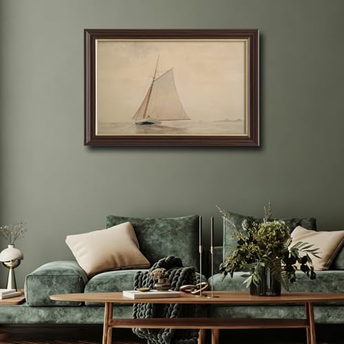 Image of Framed Vintage Sailboat Canvas Wall Art, Antique Nautical Watercolor Painting Prints, Neutral Tone Coastal Wall Decor for Living Room Bedroom Bathroom Office