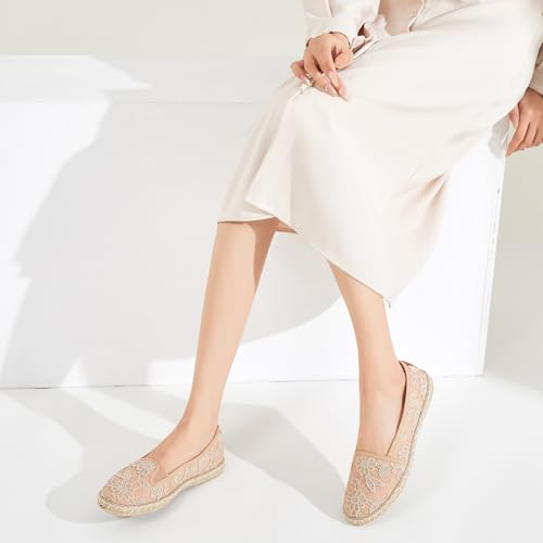 Image of BABUDOG Women's Flats with Flower Embroideried,White Lace Ballet Flats,Comfortable Dress Flats