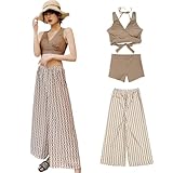 [Teddy] 水着 レディース 体型カバー タンキニ Vネック ビキニ ワイドパンツ 3点セット hys2318 (ブラウン×チェーン, XL(11号))