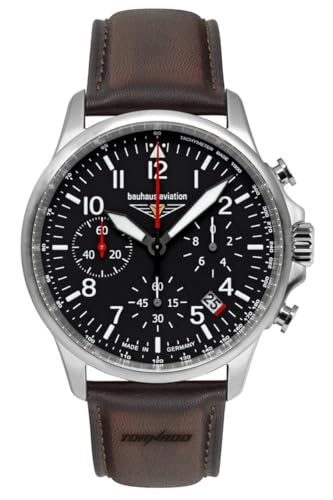 Bauhaus 2774-2 Tornado Chronograph Herrenuhr – Edelstahlgehäuse silberfarben, Lederband braun, 42 mm, Mineralglas, Quarz