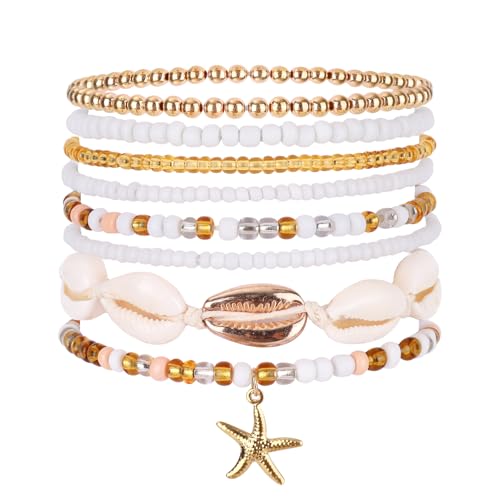 Mikovivi 8 Pulseras de Playa de Verano Apilables, Pulseras Elásticas Conchas Marinas Joyería Bohemia con Cuentas Joyería con Dijes Cuentas Arroz Regalo para Fiesta en la Playa Hawaiana