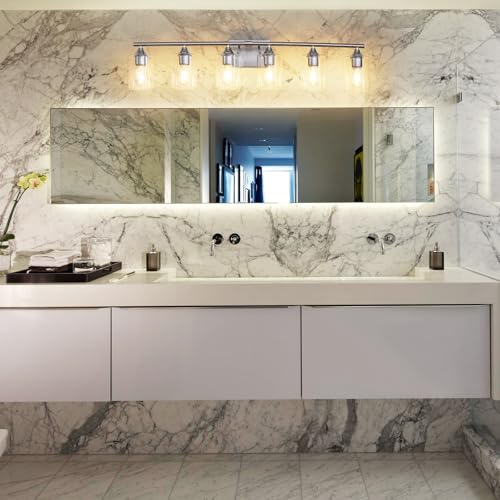 Image of 6-Light Bathroom Lighting Fixtures Over Mirror,Brushed Nickel Light Fixture Bathroom,Vanity Light with Clear Glass Shade,Modern Wall Lights for Mirror Bedroom Living Hallway