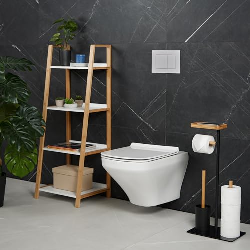 Image of Relaxdays WC Set, Bamboo, Stainless Steel, Free-standing, incl. 2 Spare Heads, Toilet Roll & Brush Holder, Black /Natural