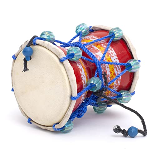 4 Inch Small Handmade Traditional Authentic Wooden & Leather Classical Indian Folk Dumroo Damroo Damaru Hand Drum Percussion Instrument Set, Decorative Collectible Showpiece World Musical Instruments