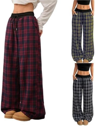 Plaid Wide Leg Pants Woman Baggy Drawstring High Waisted Pajama Pants Fall Lightweight Palazzo Trousers with Pockets
