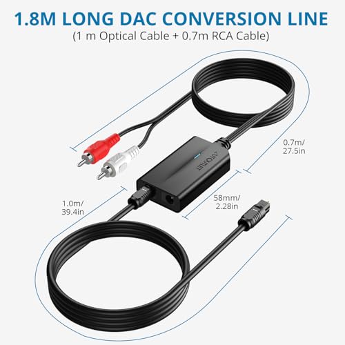 AUTOUTLET DA Wandler, 192kHz DAC Digital zu Analog Audio Wandler SPDIF Toslink zu Analog RCA mit Audio-Verstärker-Chip 0,8M RCA Männlich+1M Optischem Kabel für HDTV DVD Blu-ray Sky Spielekonsole