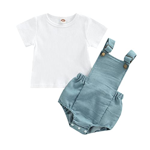 Loalirando Bebé Recién Nacido Conjunto de Ropa Casual para Verano 2 Piezas Traje Informal de Niños Niñas Pequeños Camiseta Blanca Básica de Manga Corta + Pantalones Cortos de Peto (Azul, 6-12 Meses)