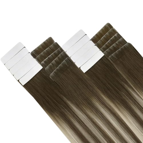 Image of LaaVoo Tape in Hair Extensions Human Hair Invisible Tape in Seamless Injected Hair Extensions Tape on Human Hair Silky Straight Cool Brown to Light Brown 16 Inch 40g 20Pcs