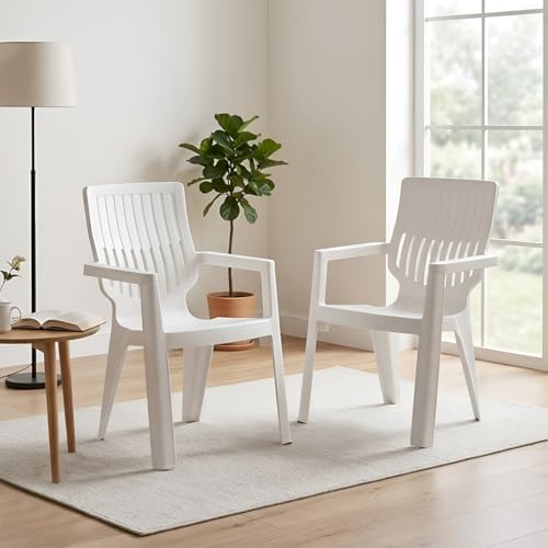 Image of Nilkamal Ortho Comfort Plastic Chair with Arm|Set of 2| 3 Year Warranty |Stackable Chair for Home, Living Room, Dining Room, Cafe & Balcony |Ergonomic Back Support |Indoor & Outdoor |Cream