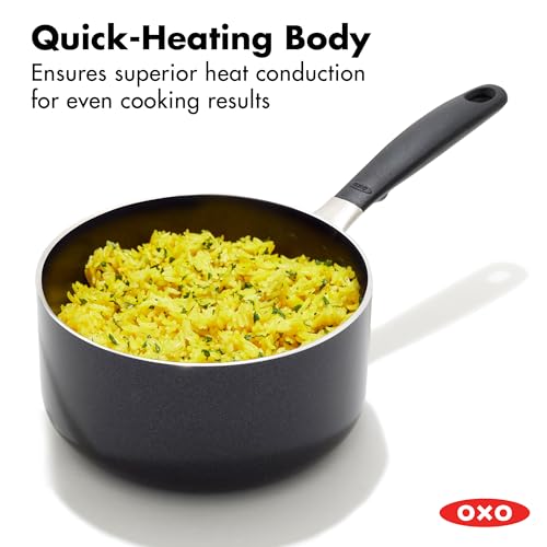 Image of OXO 1.6QT Non-Stick Every Day Sauce Pan with Glass Lid, BPA-Free Comfort Grip Silicone Handle, Dishwasher & Oven Safe, PFAS-Free Ceramic Skillets, Sauce & Soup Chef Pot, Drip-Free, Black