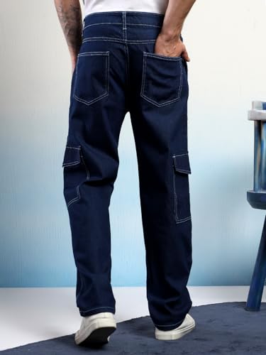 Image of KOTTY Men's Loose Fit Cargo Denim Jeans - Vintage Washed Utility Jeans with Side Pockets