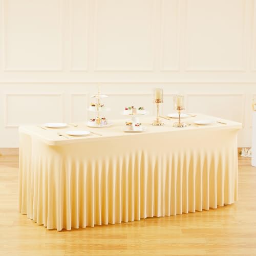 Image of Besutolife Champagne Spandex Tablecloth 6ft Rectangle Table Skirt Stretch Table Cloth for Banquets Parties Wedding Dining Table