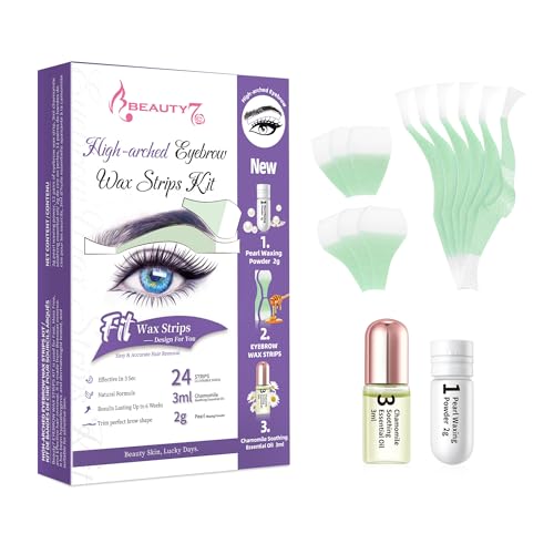 Strisce di Cera Depilatorie del Sopracciglio ad Alto e Arcuato Donna, Confezione da 24 Strisce di Cera con 2g Polvere di Perle 3ml di Olio Essenziale di Camomilla Beauty7