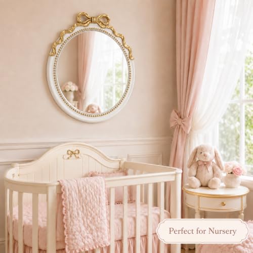 Image of LIN KANG 24 Inch Gold and White Bow Mirrors, Round Decorative Wall Mounted Mirror，Suitable for Entryway, Bedroom, Hallway, Living Room Decoration, Nursery, Girls Room