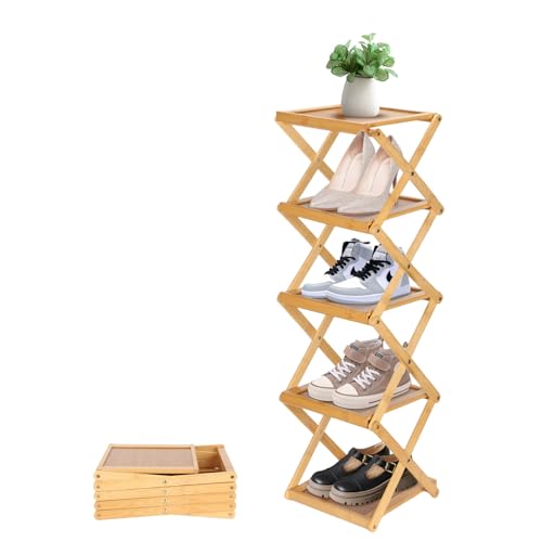 Vinnatsuシューズラック折りたたみシューズラック狭い玄関 折りたたみ 靴棚下駄箱 靴箱 棚 収納棚 玄関収納 靴 収納 省スペース 組立不要 4段/5段/6段天然竹製25cm*24cm*27cm (木の色, 25cm*24cm*89cm)