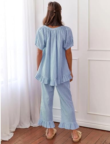 Flygo Womens Plaid 2 Piece Pajamas Sets Gingham Button Down Puff Sleeve Babydoll Shirt Ruffle Pants Y2K Pjs Lounge Set