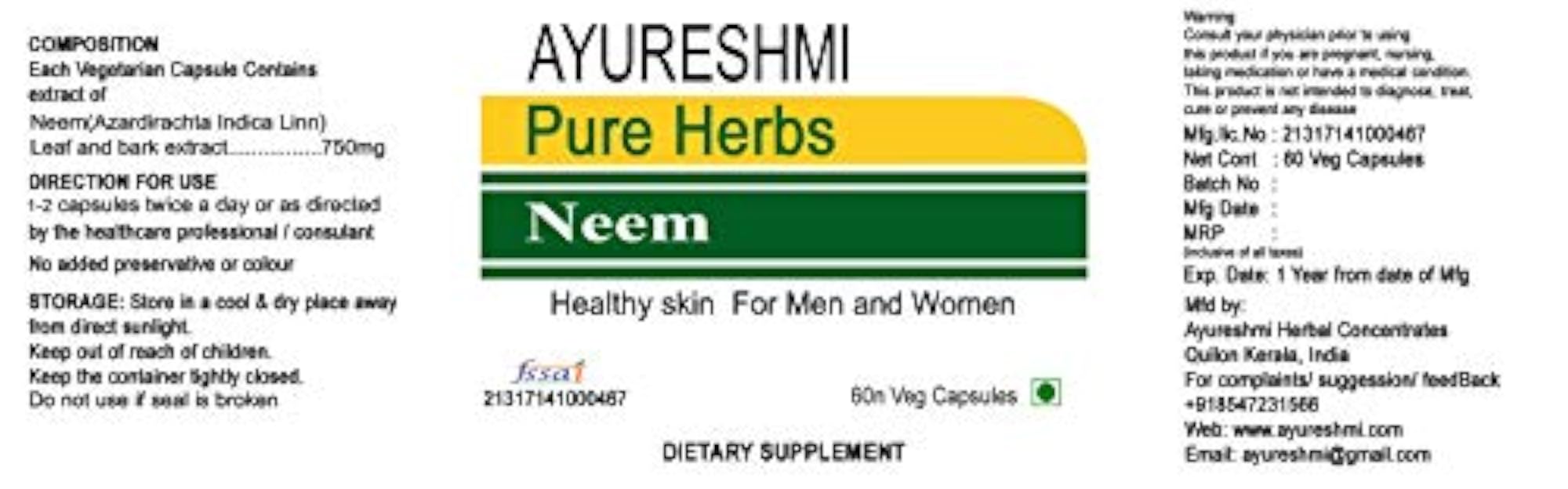 Ayureshmi Neem Extract Capsules, 750mg