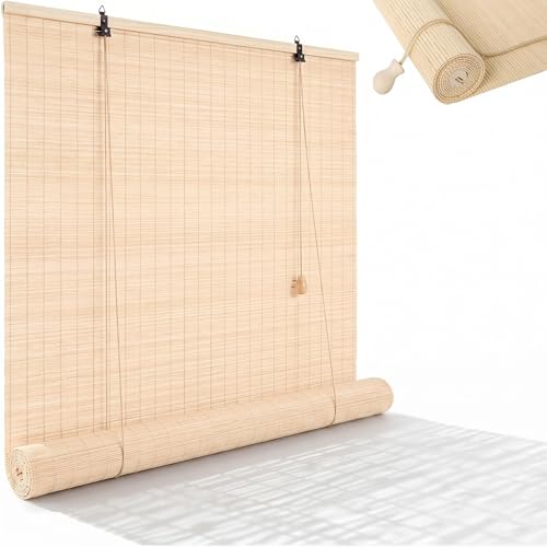Persiana Enrollable De Bambú Natural para Exterior E Interior, Estor De Bambú Filtro De Luz Privacidad, Cortina Transpirable para Ventanas Balcón Patio Pérgola(Natural,W110xH210cm)
