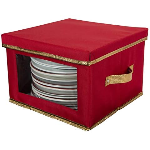 Simplify Holiday Dinner Plate Dinnerware Storage Box | 12.2 Inch | Christmas China | 12 Felt Dividers | Tableware Setting | Red Cover