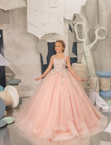 Flower Girl Dress Lace Applique - First Communion Dress Puffy Tulle Pageant Dress for Girls,Rose Red 102