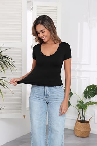 PALINDA V Neck Slim Fitted Shirts for Women Basic Casual Short Sleeve T Shirts Going Out Tops Sexy Y2K Tees2