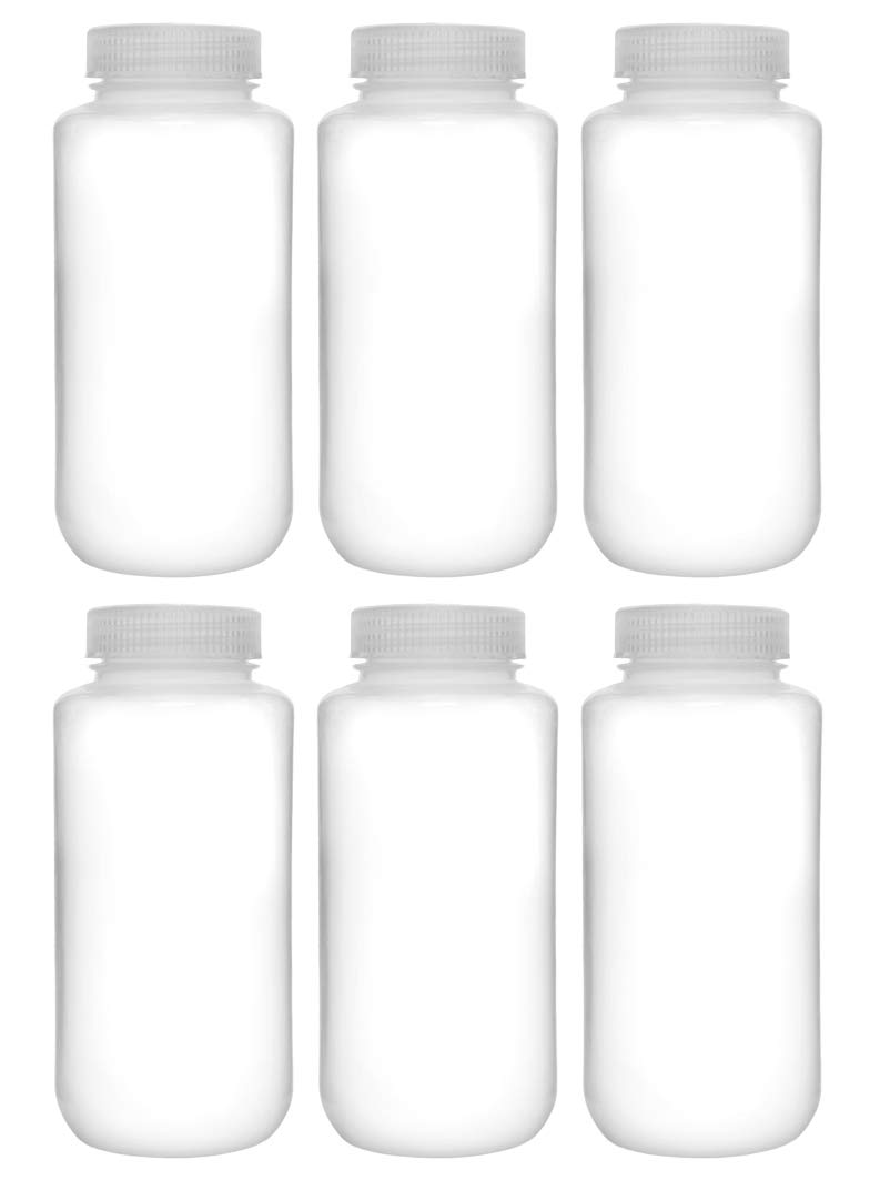 6PK Botellas Reactivas, 1000ml - Boca Ancha con Tapón - Polipropileno - Translúcido - Eisco Labs