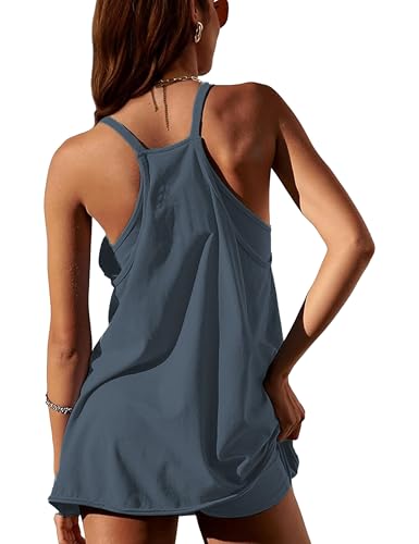 Image of Womens Athletic Sundress with Built-in Shorts Golf Tennis Romper | Sleeveless Mini Spaghetti Strap dress Functional side pockets tummy-friendly fit casual beach vacation