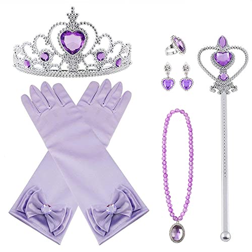 Vicloon 9pcs Princesse Dress Up Accessoires Filles Diadème/Baguette Magique/Collier/Gants/Bague/Boucles d'oreilles pour Cosplay Carnaval Fête d'anniversaire Carnaval 3-8 Ans (Pourpre)
