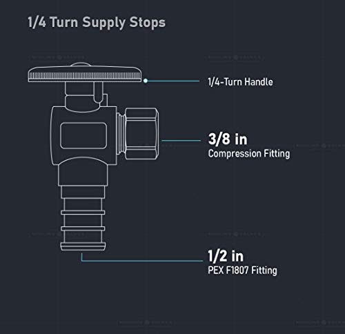 Image of Midline Valve 81512QS-OM-5 Water Supply Stop Valve with Quarter Turn Wheel; Angle Shut-off for Toilet, Sink, Dishwasher; 1 /2'' PEX x 3 /8'' Compression; Chrome Plated Brass (5 PK)