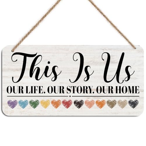 Image of This Is Us Hanging Wooden Wall Sign Decor for Home Entryway Farmhouse, Inspiration Wood Sign Plaques, Pastel Colorful Heart Rustic Signs Wall Art Decor, 12 x 6 Inch