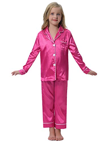 Hawiton Kids Satin Pajamas Set Toddler Girl PJS Long Sleeve Button Satin Loungewear Sleepwear Set with Pocket Rose Red
