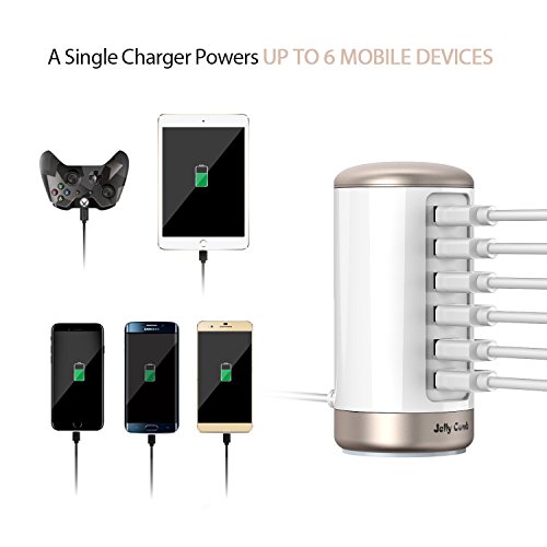 USB Charger 6-Port USB Wall Charger : Jelly Comb Universal Multiple USB Charger Station with Smart Identification for Phones, Tablets and All Other USB Devices - White & Gold - Thumbnail 4