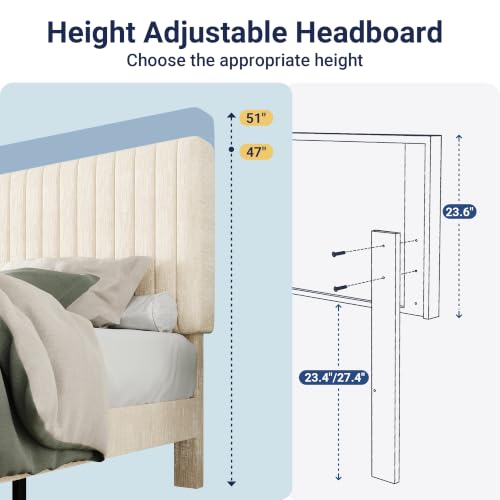 Image of Allewie Full Bed Frame, Upholstered Platform Bed with Adjustable Vertical Channel Tufted Headboard, Mattress Foundation with Strong Wooden Slats, Box Spring Optional, Easy Assembly, Chenille White