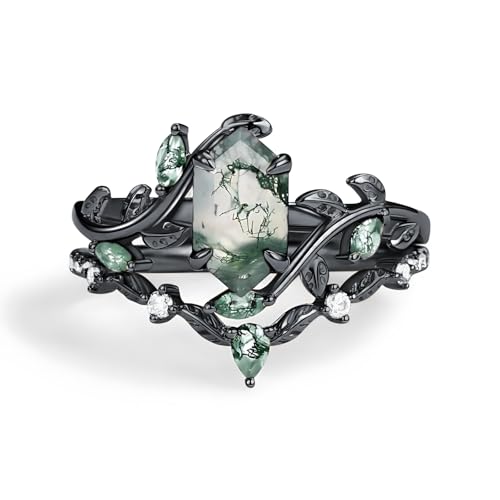 1-3 Carat Natural Moss Agate Engagement Rings Sets, S925 10K 14K 18K Gold Genuine Green Moss Agate Wedding Ring Set Vintage Bridal Bands Sets4