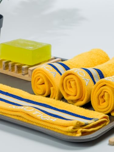 Image of NAUTICA Super Soft Zero Twist 100% Cotton Towel -4pc Face Towel (Vintage Crew Stripe) solid-yellow-500 GSM